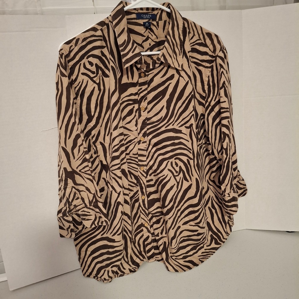 Chaps Womens 3X Zebra Print Long Sleeve Button Up Shirt Top